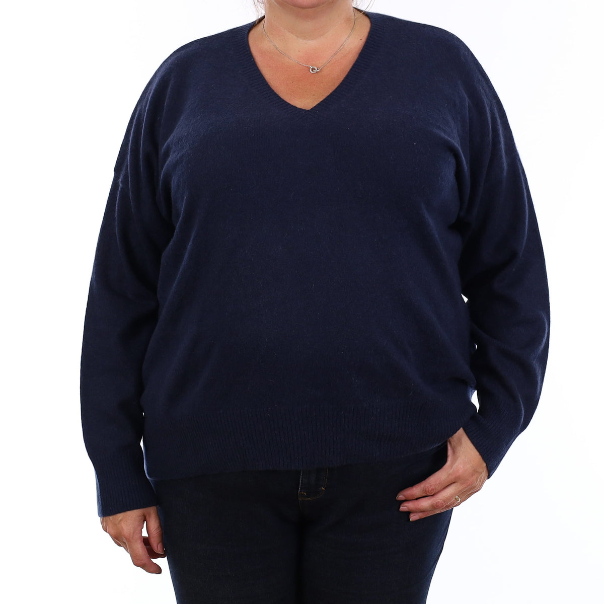Navy Blue Cashmere Boxy V Neck Jumper XXL