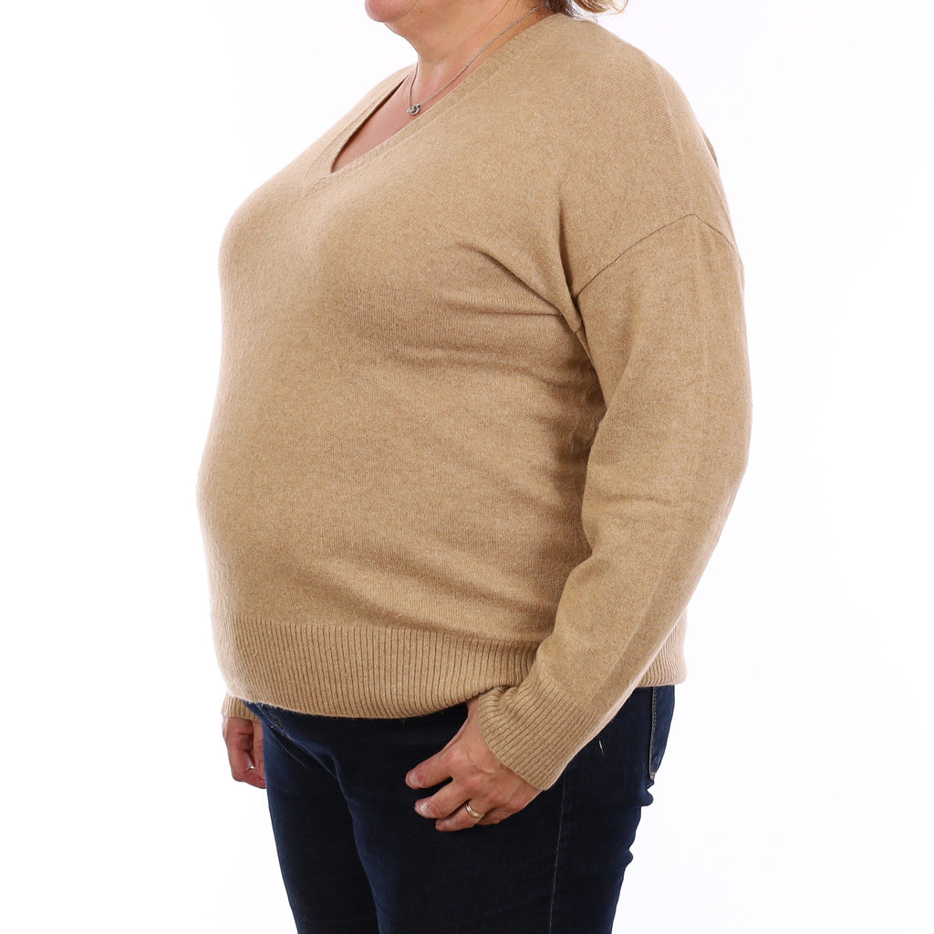 Caramel Brown Cashmere Boxy V Neck Jumper Extra Large