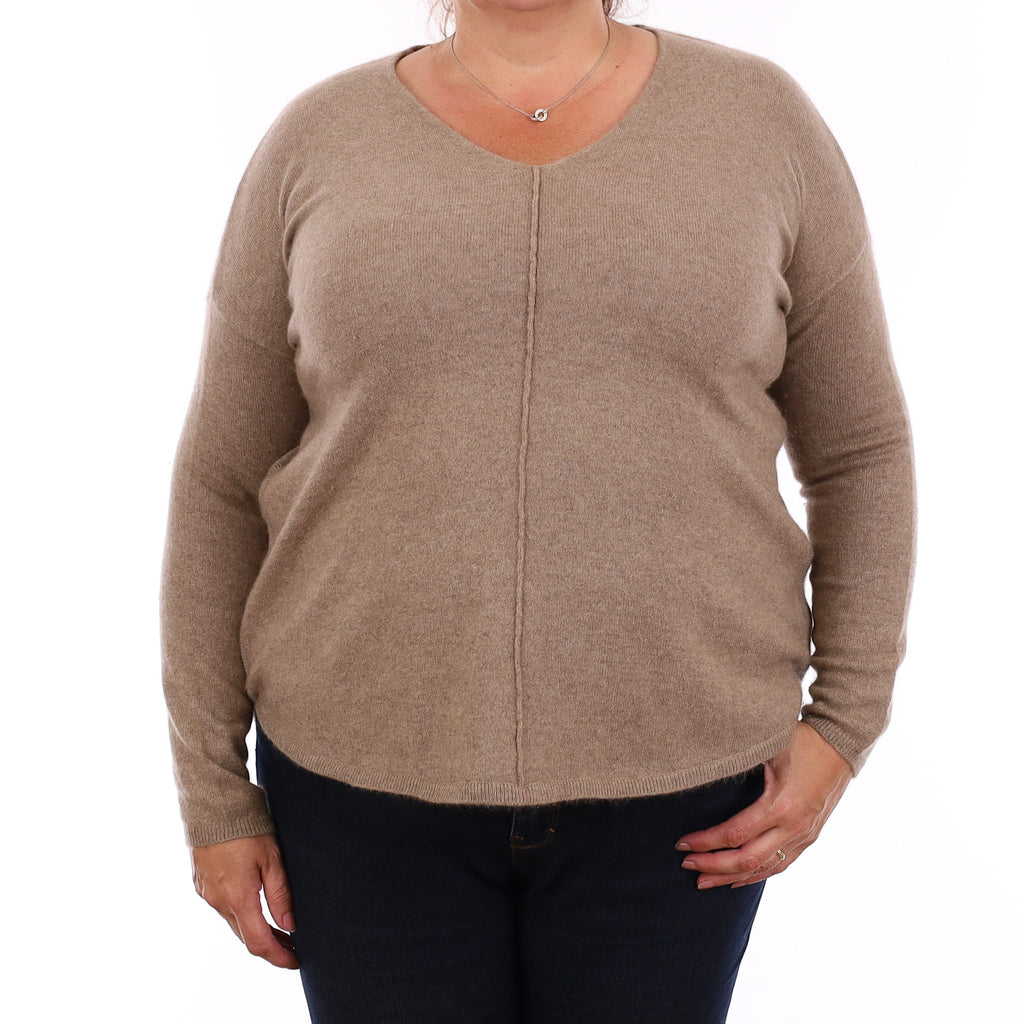 Mink Brown Cashmere Boxy V Neck Jumper Extra Large