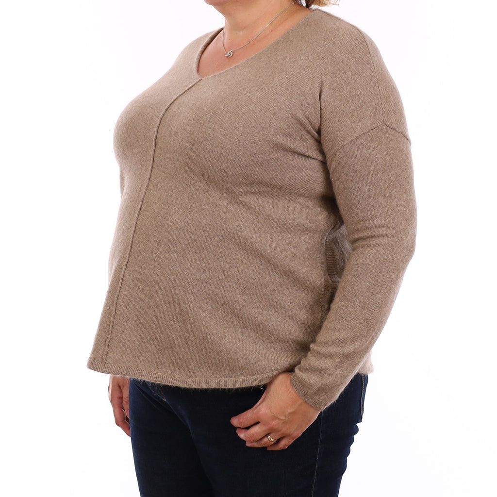 Mink Brown Cashmere Boxy V Neck Jumper Extra Large