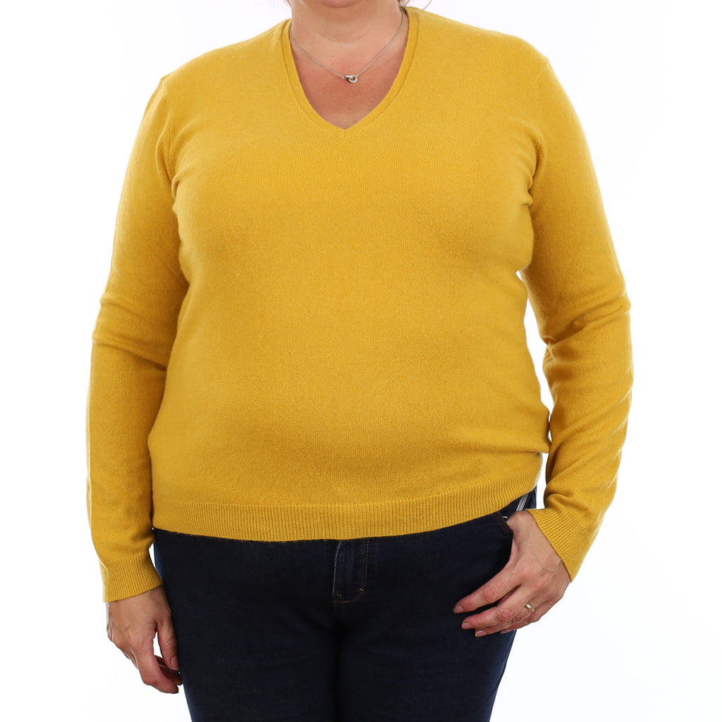 Mustard Yellow Cashmere V Neck Jumper Extra Large