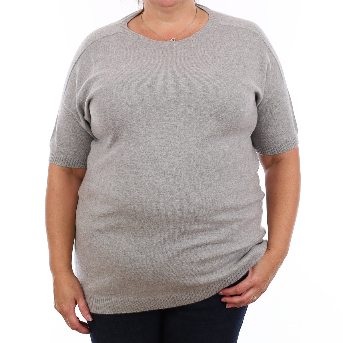 Smoke Grey Cashmere Short Sleeve Crew Neck Jumper Extra Large