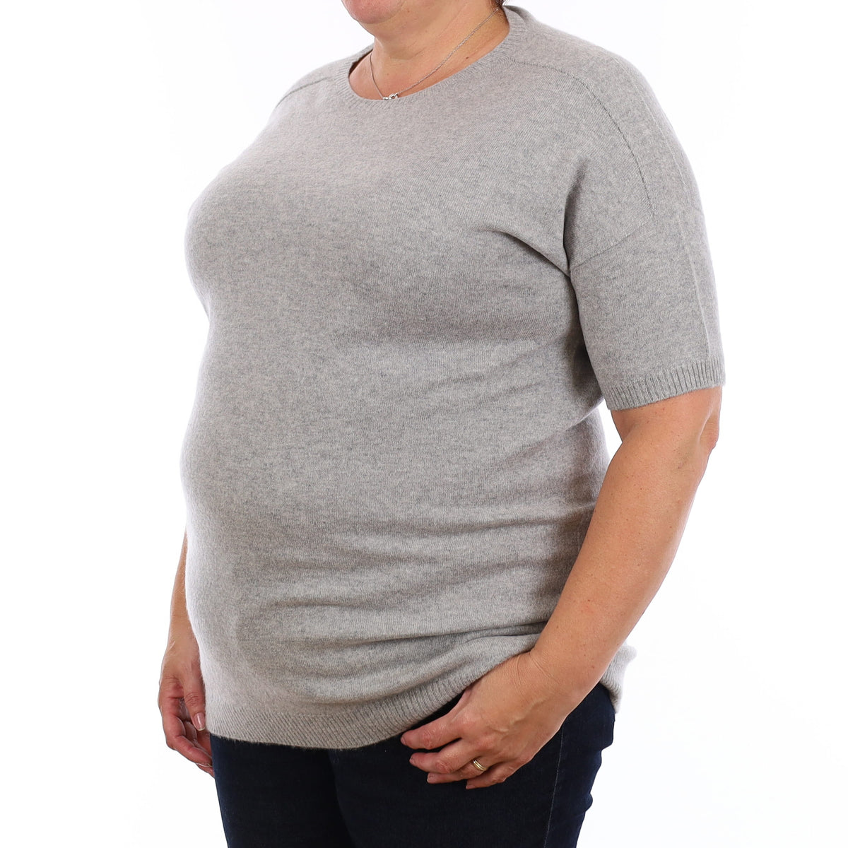 Smoke Grey Cashmere Short Sleeve Crew Neck Jumper Extra Large