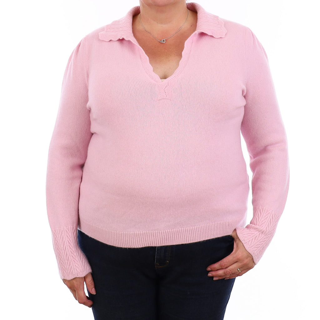 Candy Pink Heavy Knit Cashmere Collared V Neck Jumper Extra Large