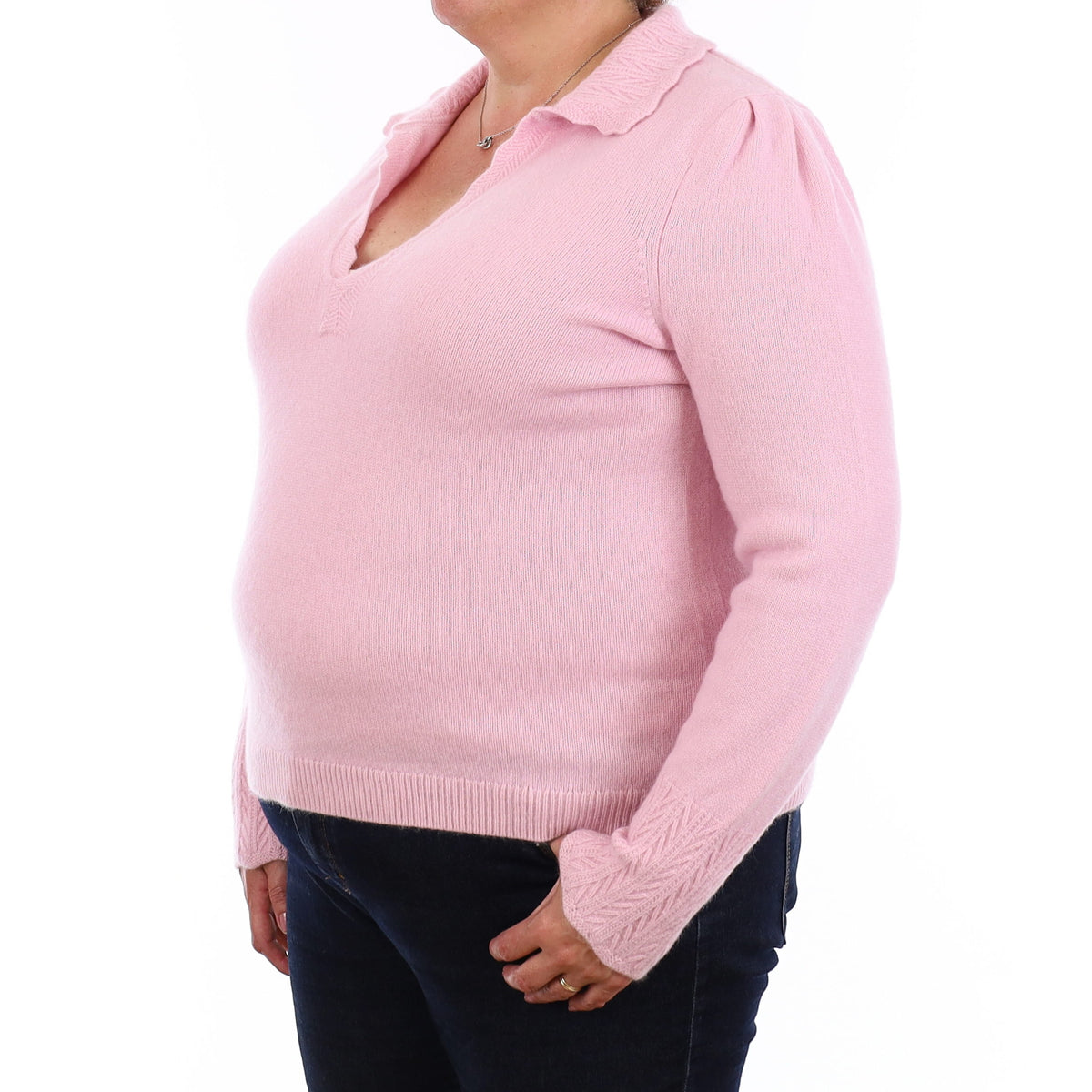Candy Pink Heavy Knit Cashmere Collared V Neck Jumper Extra Large