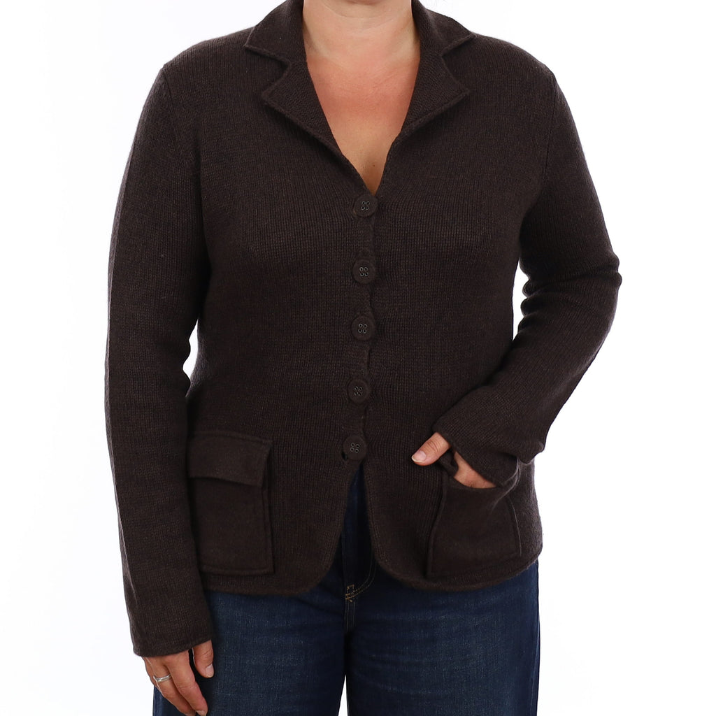 Peppercorn Brown Chunky Knit Cashmere Buttoned Jacket with Pockets Large