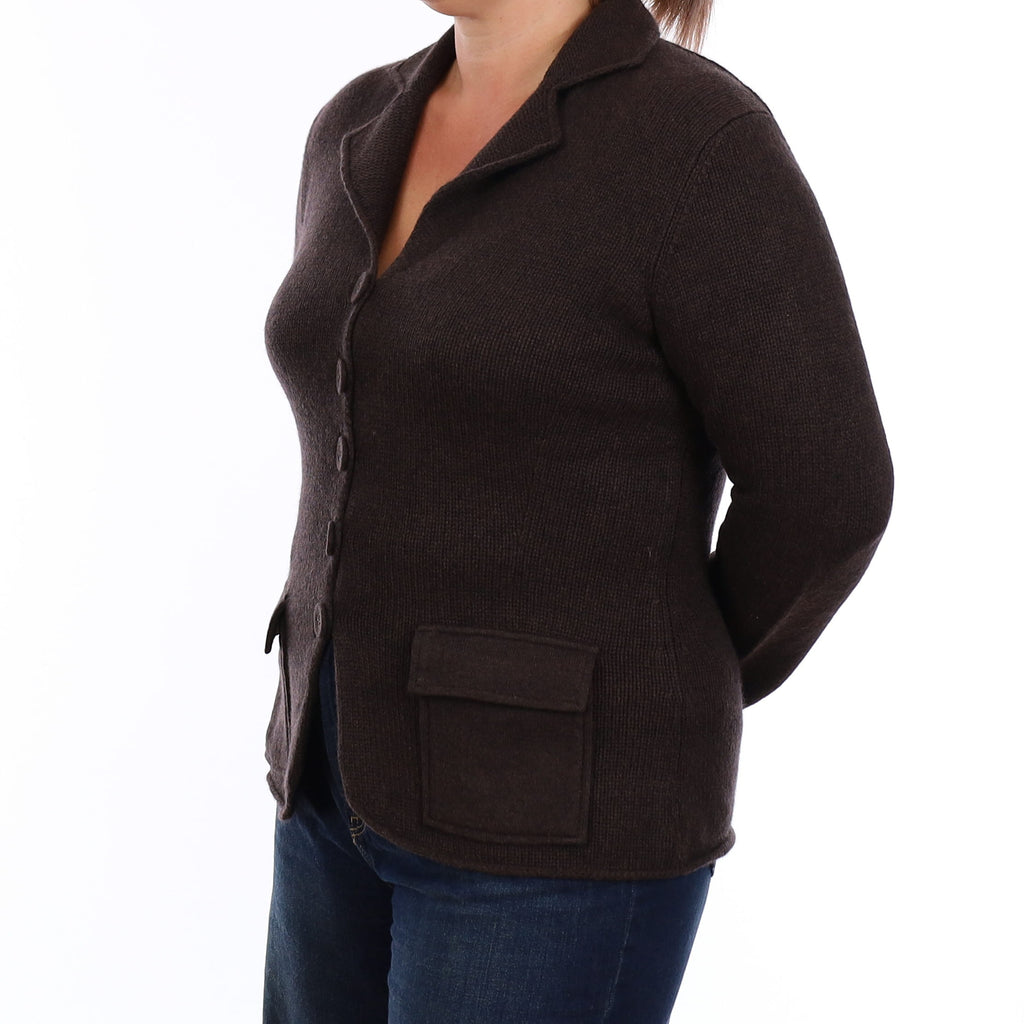 Peppercorn Brown Chunky Knit Cashmere Buttoned Jacket with Pockets Large