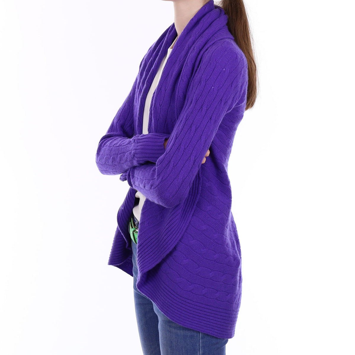 Ralph Lauren Regal Purple Cable Cashmere Waterfall Cardigan Extra Small