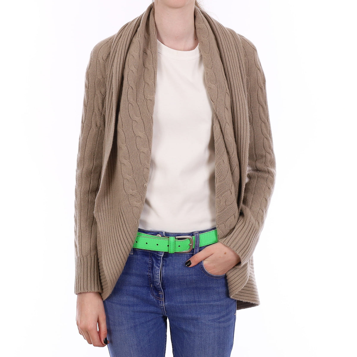 Ralph Lauren Taupe Brown Cable Cashmere Waterfall Cardigan Extra Small