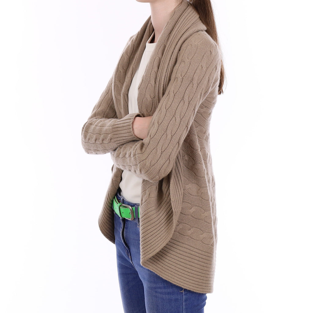 Ralph Lauren Taupe Brown Cable Cashmere Waterfall Cardigan Extra Small