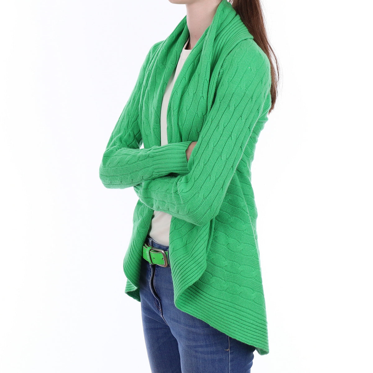 Ralph Lauren Jade Green Cable Cashmere Waterfall Cardigan Extra Small