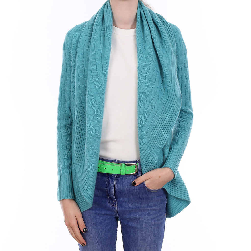 Ralph Lauren Misty Turquoise Cable Cashmere Waterfall Cardigan Extra Small