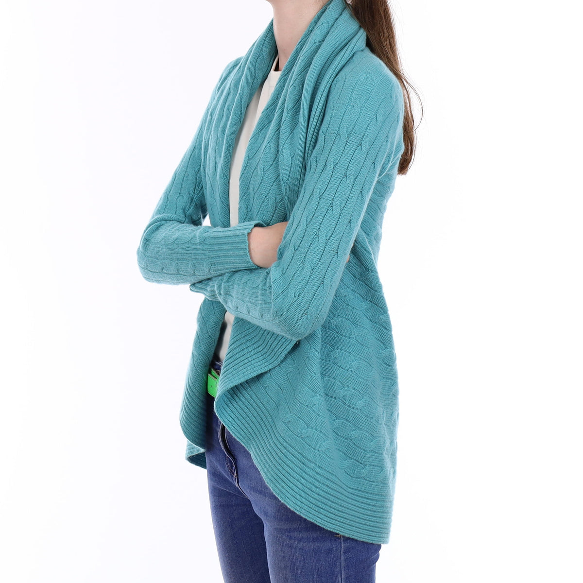 Ralph Lauren Misty Turquoise Cable Cashmere Waterfall Cardigan Extra Small