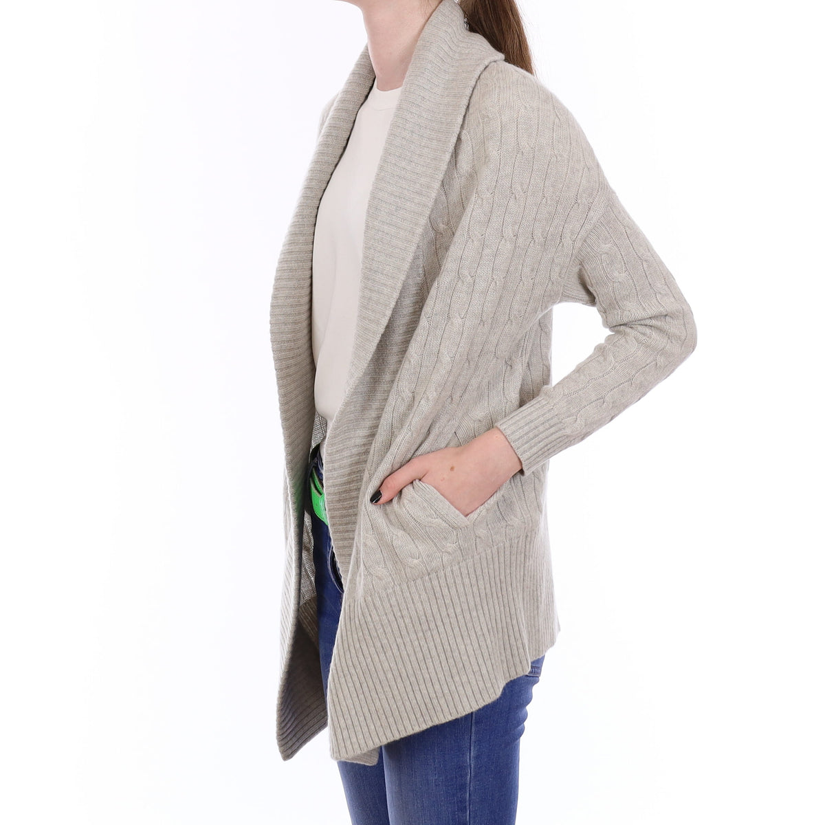 Ralph Lauren Mist Grey Cable Cashmere Edge to Edge Cardigan with Pockets Extra Small