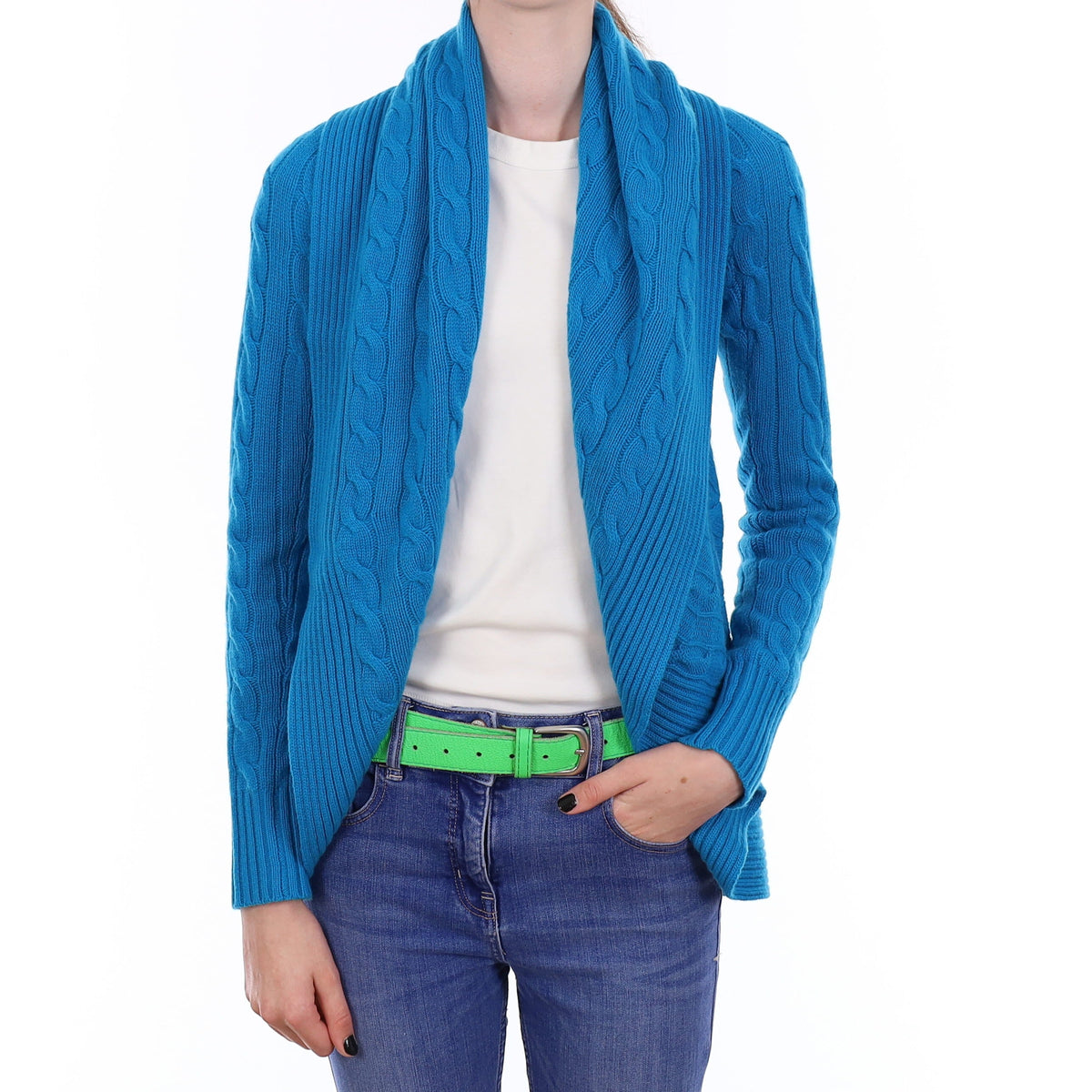 Ralph Lauren Aegean Blue Cable Cashmere Waterfall Cardigan Extra Small