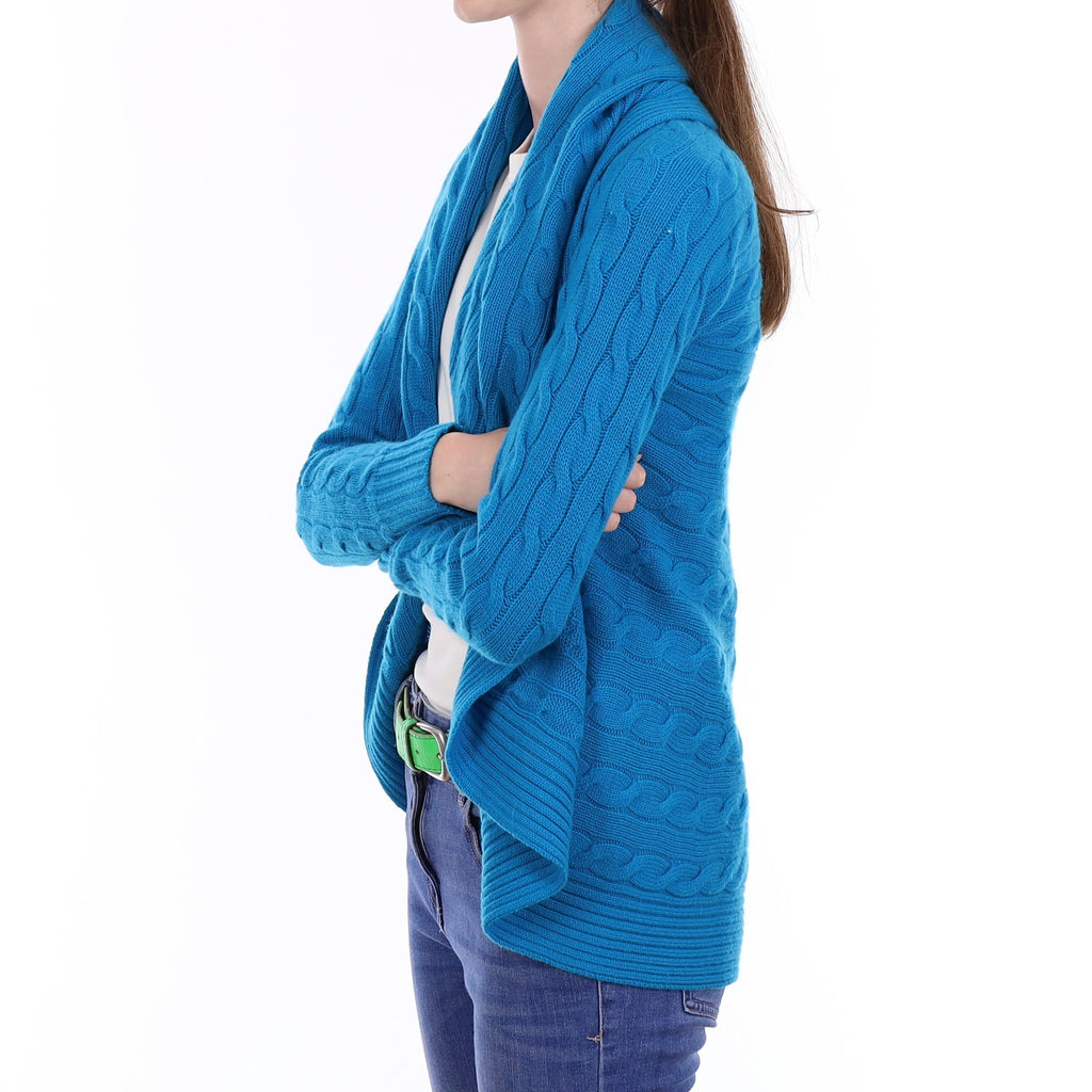 Ralph Lauren Aegean Blue Cable Cashmere Waterfall Cardigan Extra Small