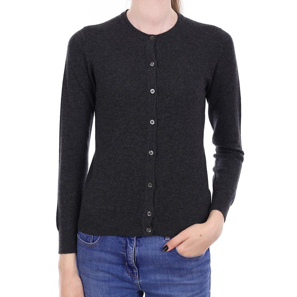 Brand New Scottish Charcoal Grey Cashmere Crew Neck Cardigan Extra Small