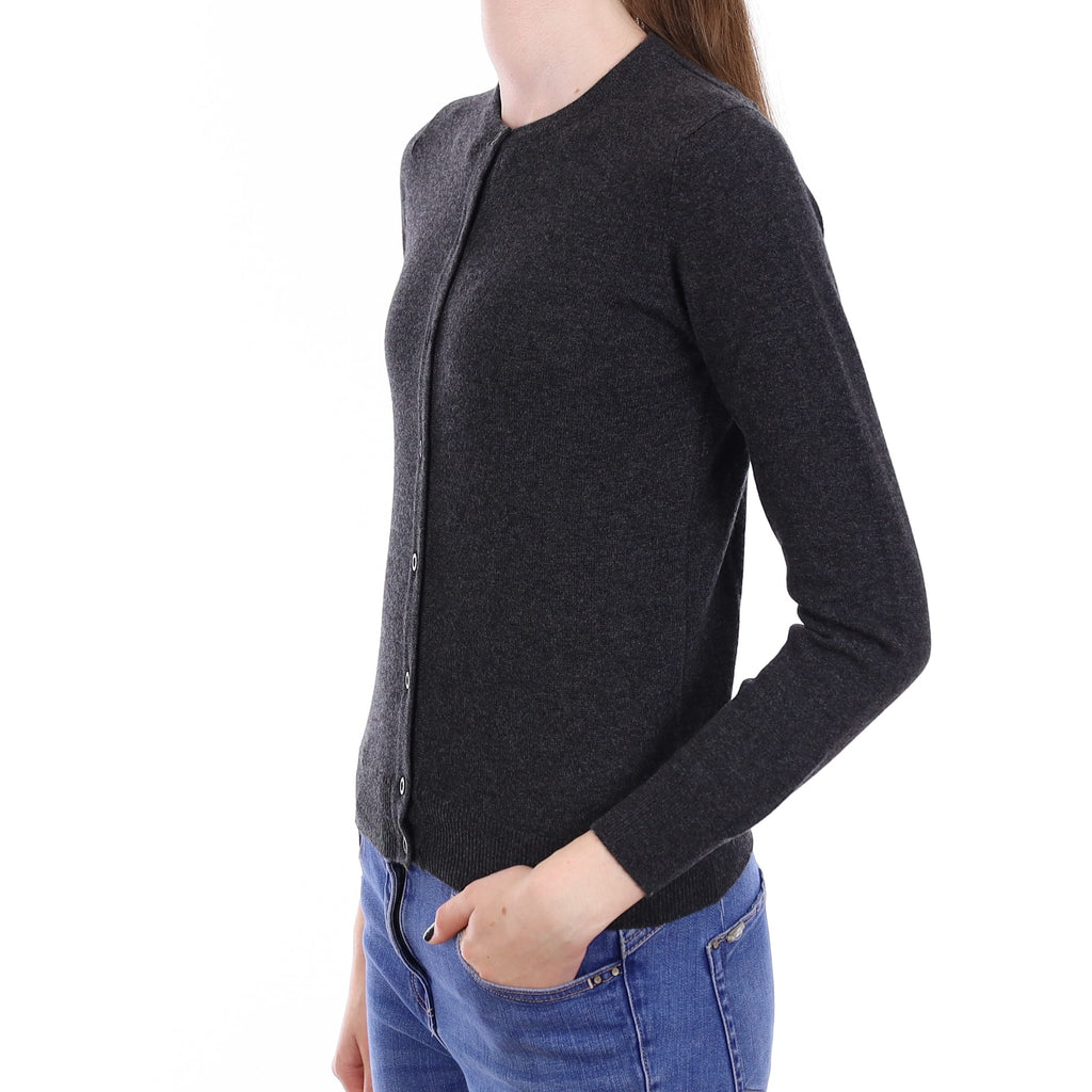 Brand New Scottish Charcoal Grey Cashmere Crew Neck Cardigan Extra Small