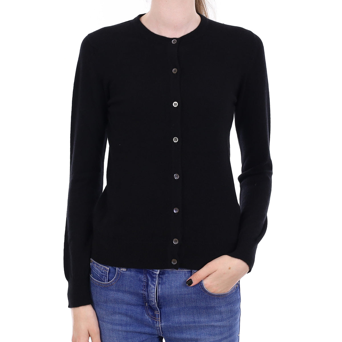 Brand New Scottish Black Cashmere Crew Neck Cardigan Extra Small