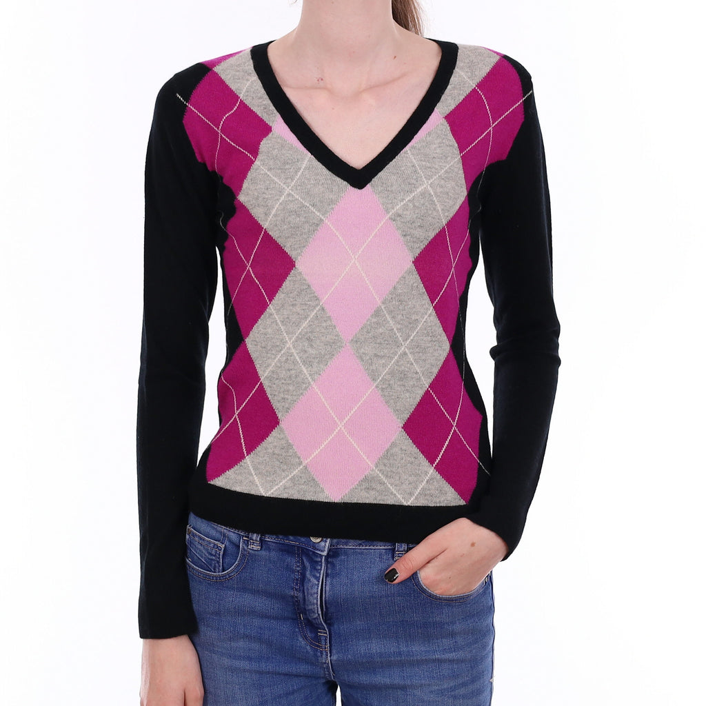 Brand New Scottish Black & Magenta Argyle Cashmere V Neck Jumper Extra Small