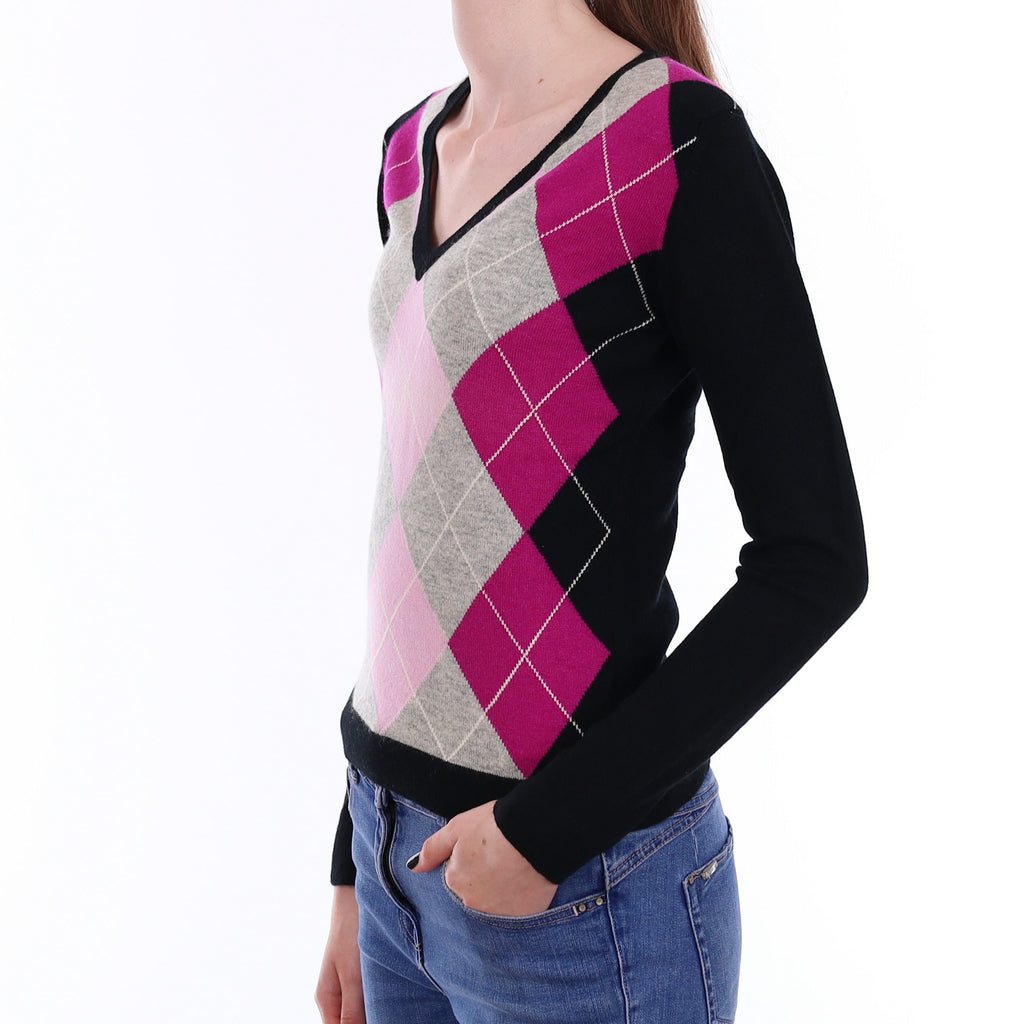 Brand New Scottish Black & Magenta Argyle Cashmere V Neck Jumper Extra Small