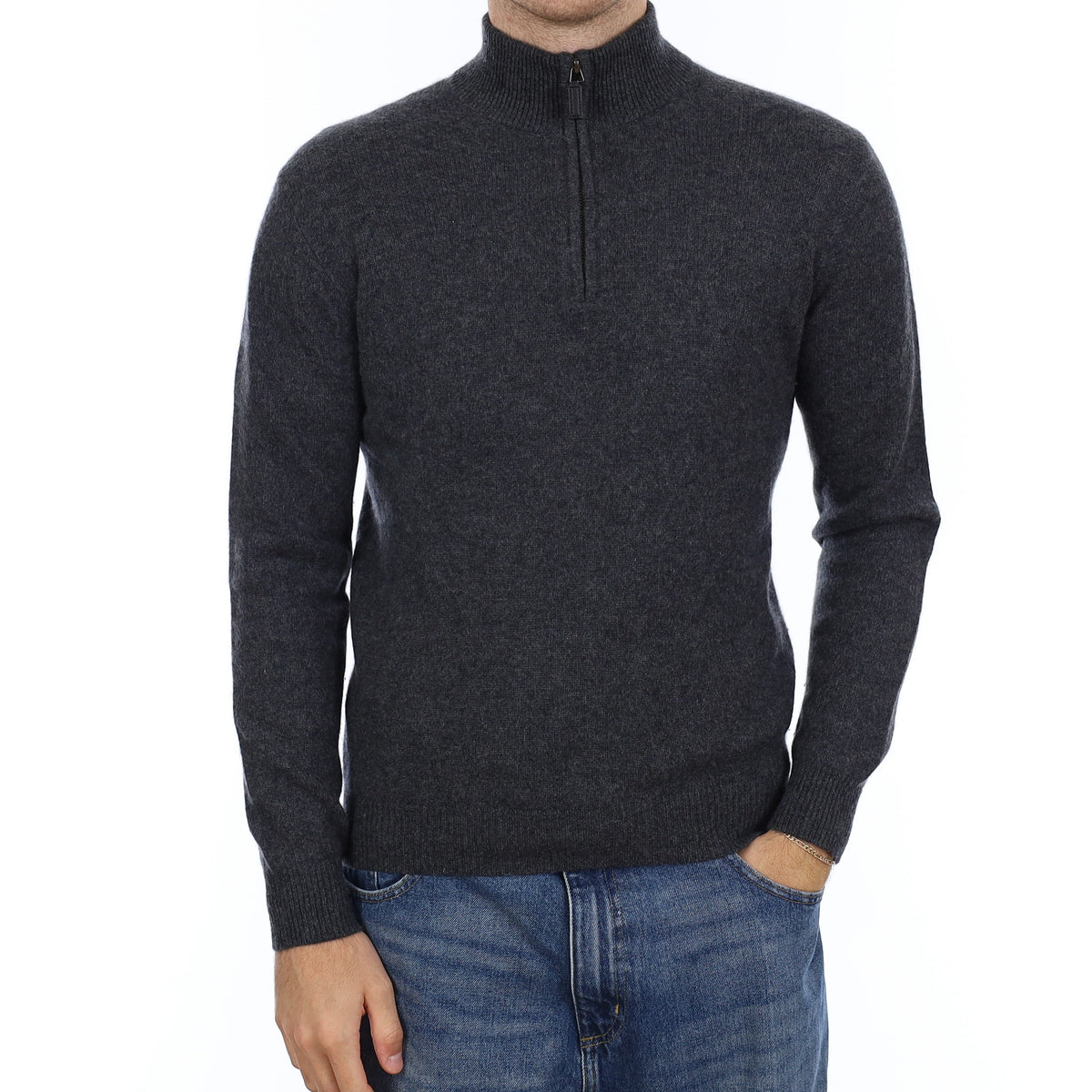 Men's Granite Grey Chunky Cashmere 1/4 Zip Jumper Medium