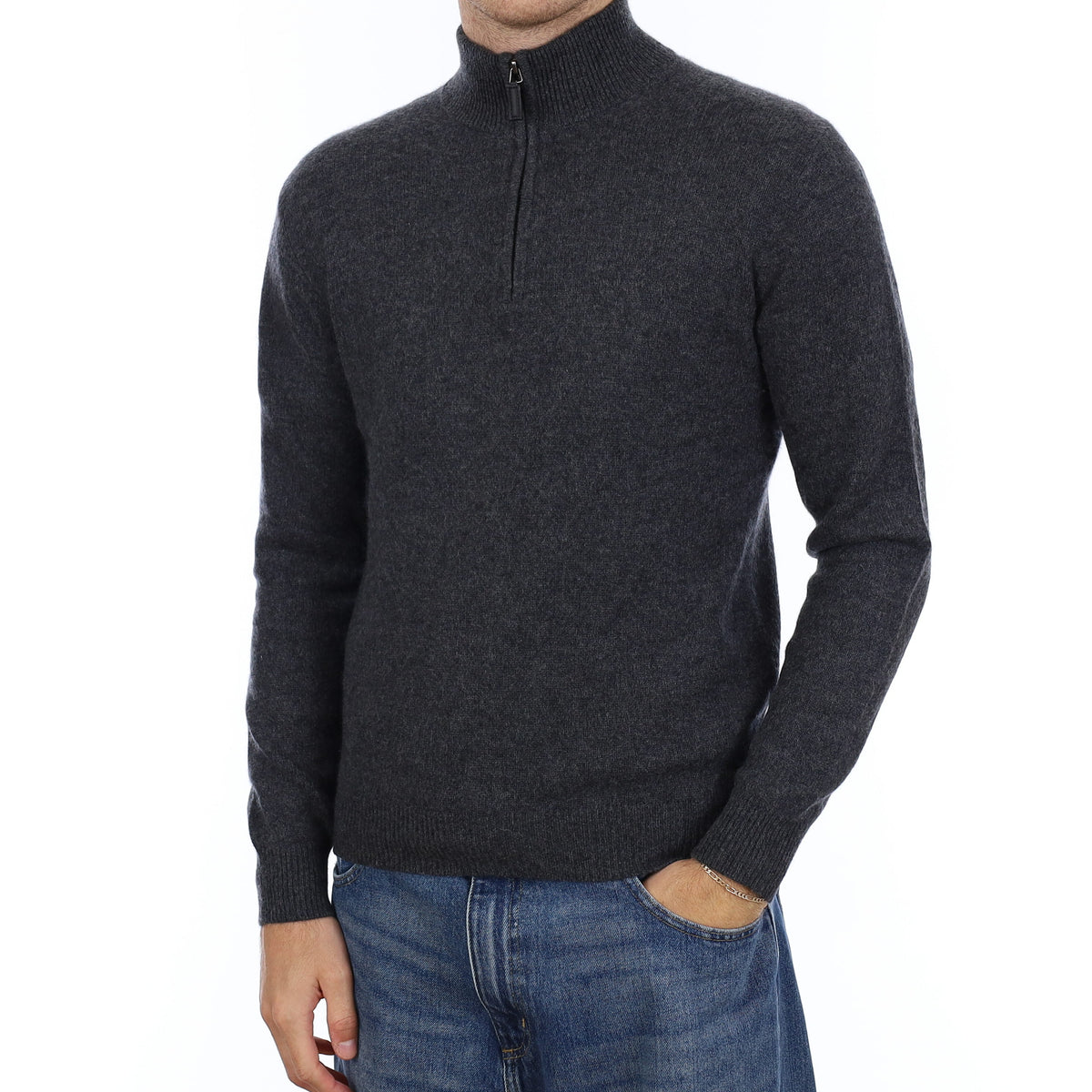 Men's Granite Grey Chunky Cashmere 1/4 Zip Jumper Medium