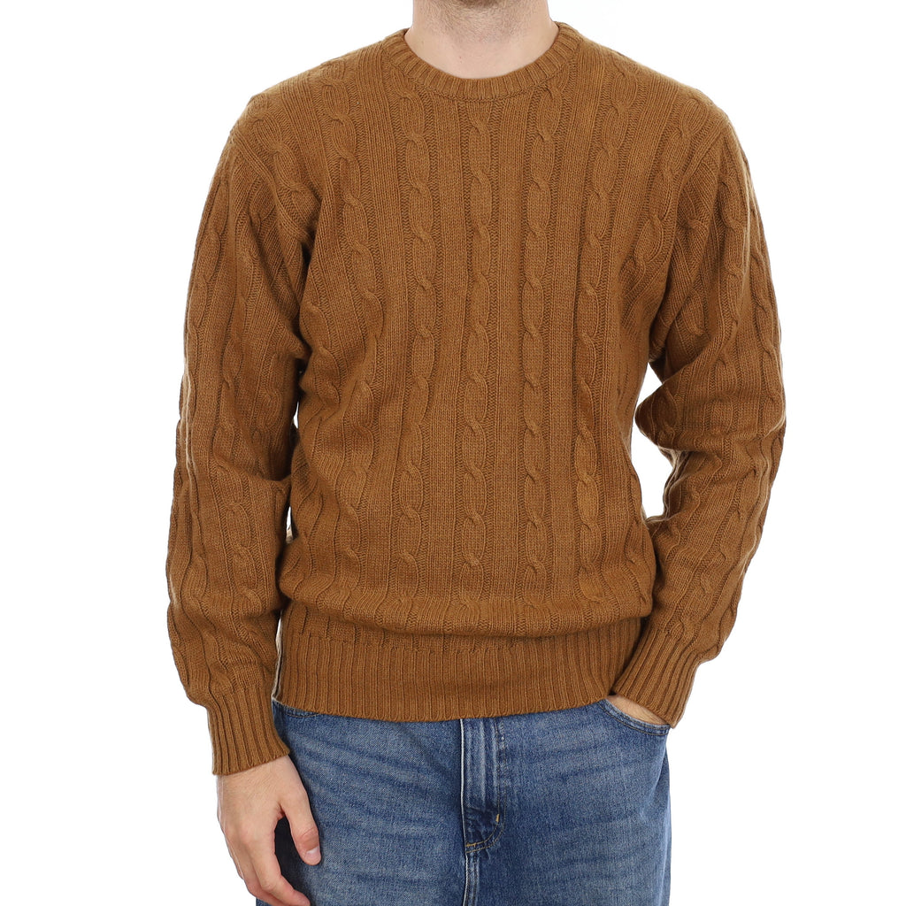 Men's Scottish Butterscotch Brown Cable Cashmere Crew Neck Jumper Large