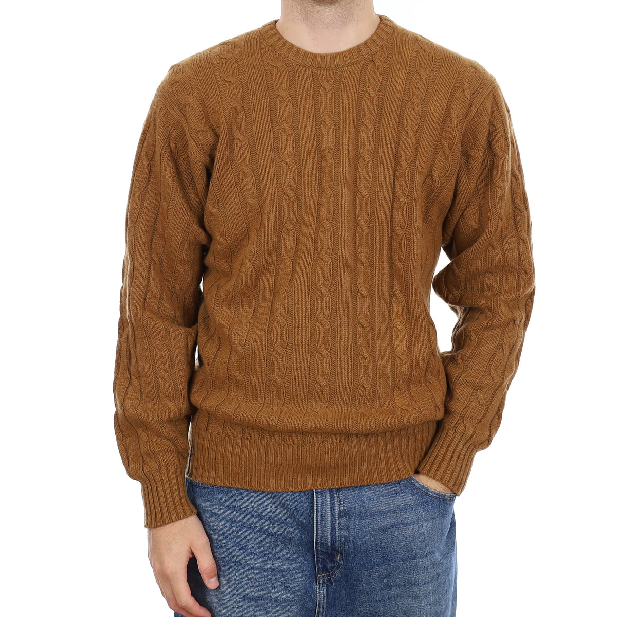Men's Scottish Butterscotch Brown Cable Cashmere Crew Neck Jumper Large