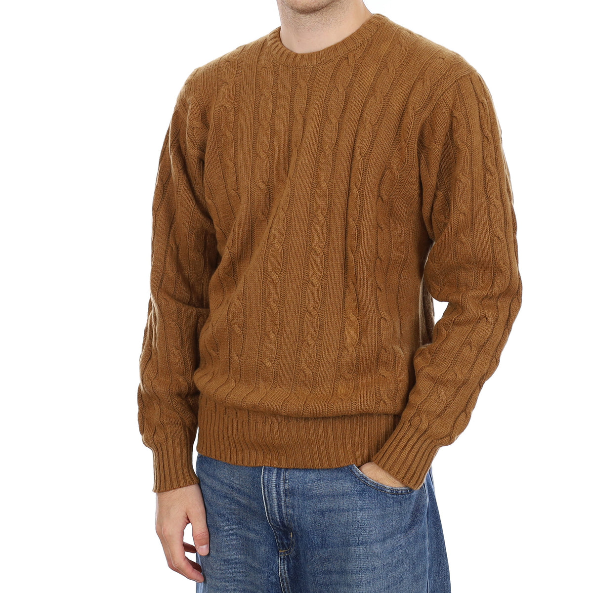 Men's Scottish Butterscotch Brown Cable Cashmere Crew Neck Jumper Large