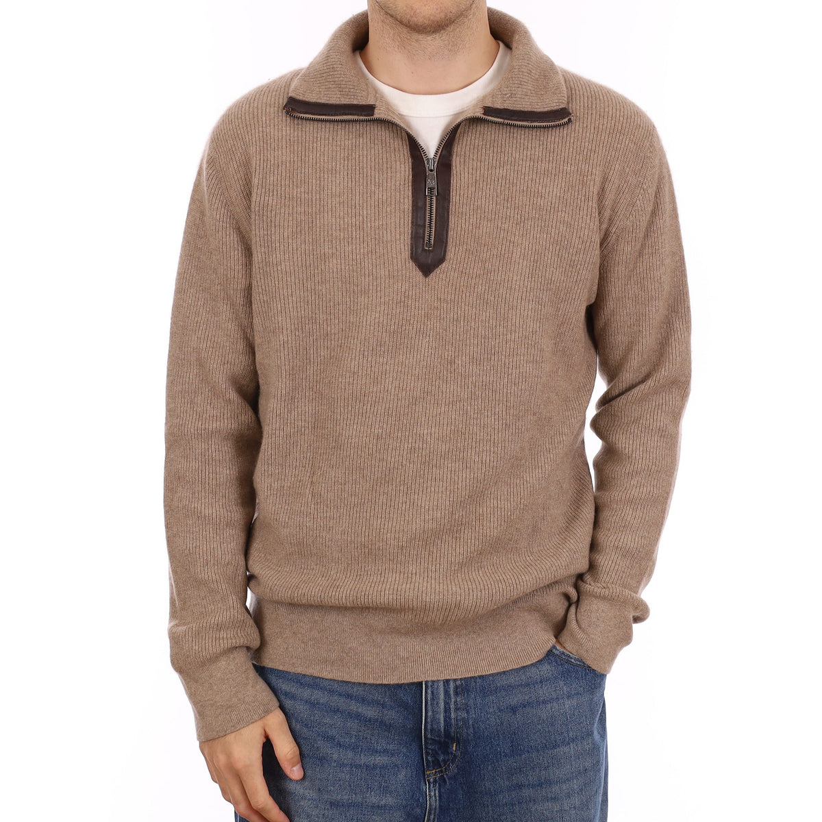 Men's Taupe Brown Chunky Cashmere 1/4 Zip Jumper Large