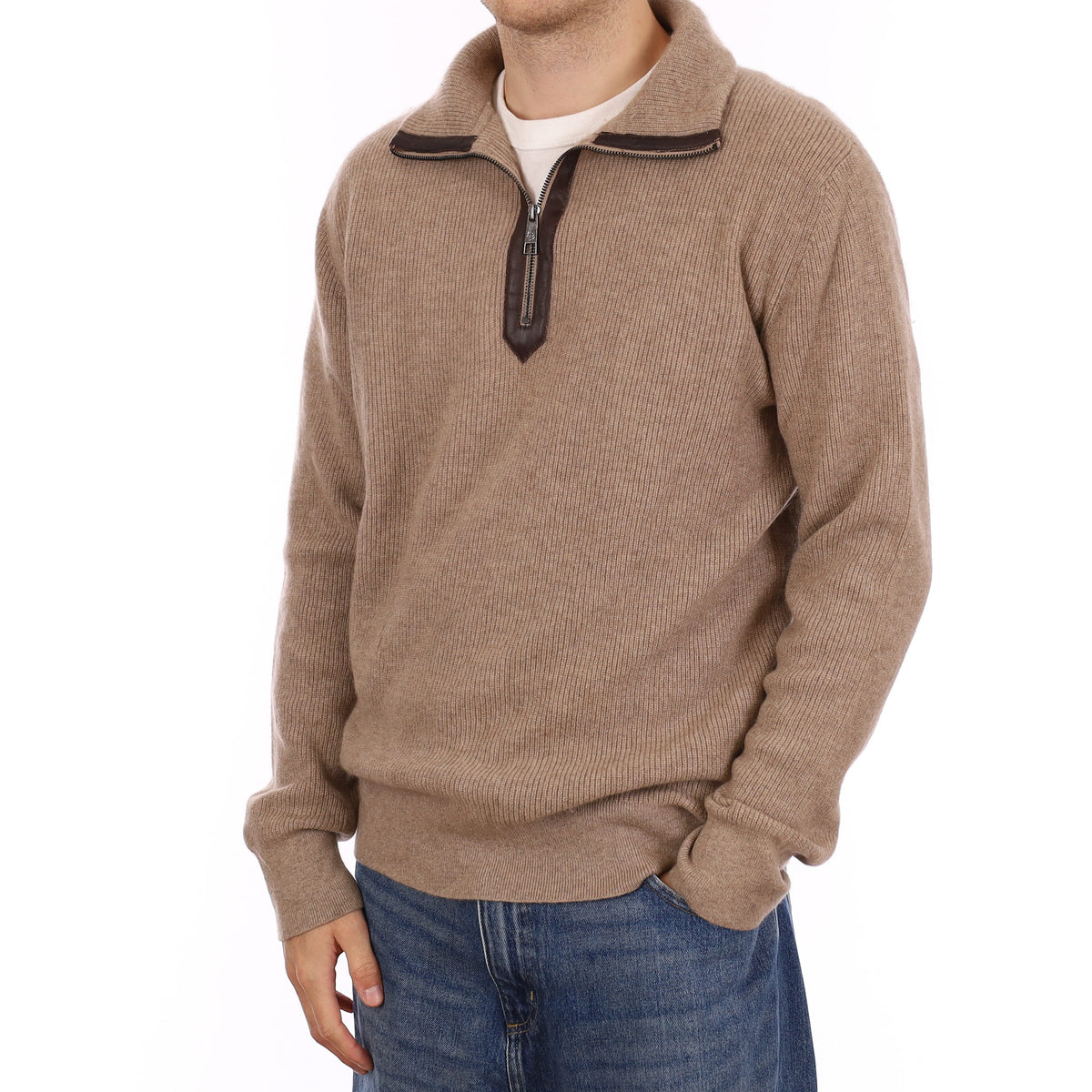 Men's Taupe Brown Chunky Cashmere 1/4 Zip Jumper Large