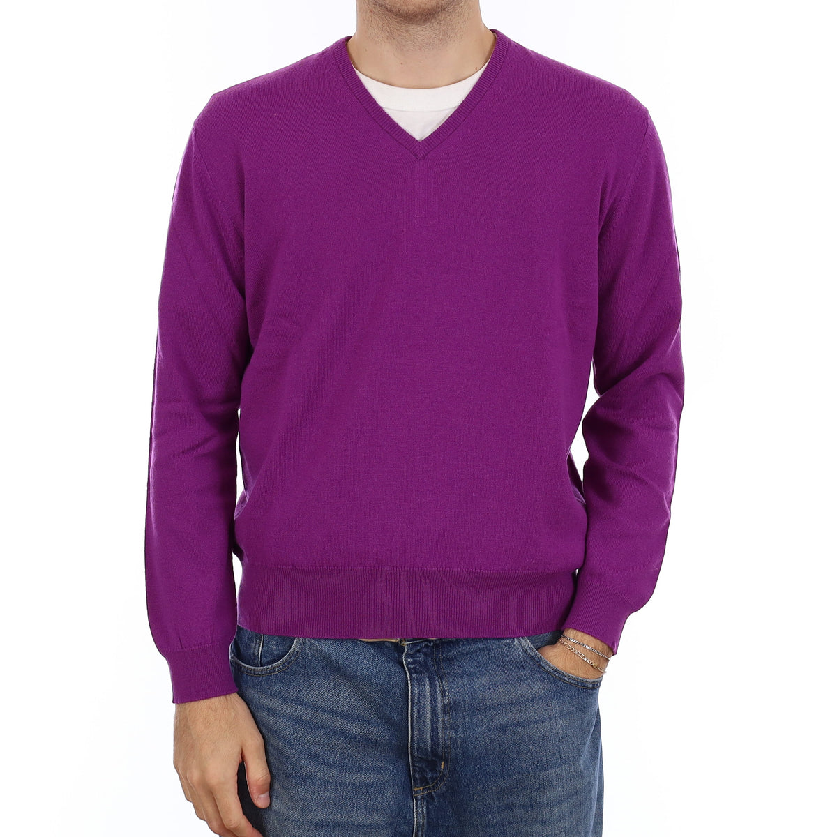 Men's Brand New Scottish Thistle Purple Cashmere V Neck Jumper Large