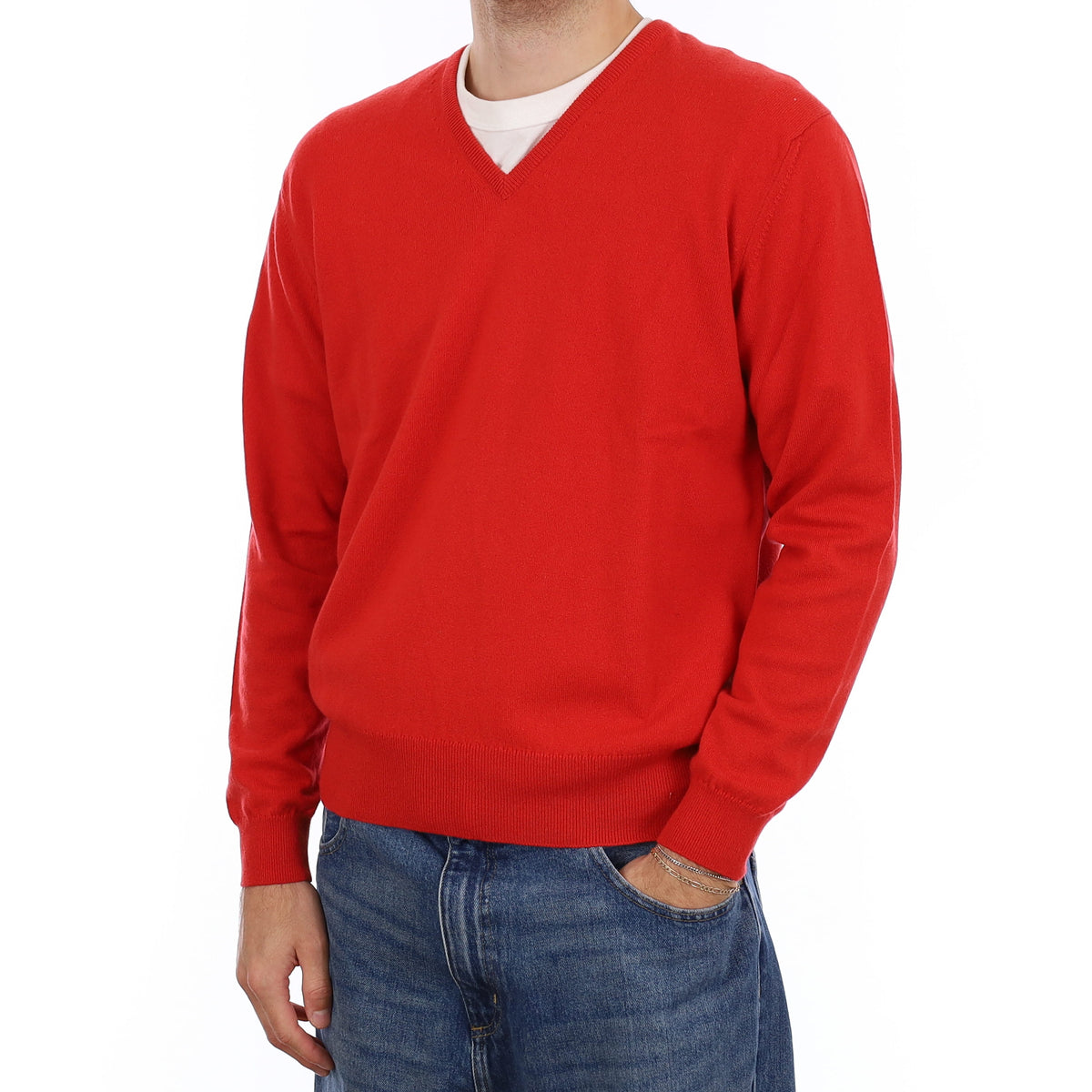 Men's Brand New Scottish Vermillion Red Cashmere V Neck Jumper Large