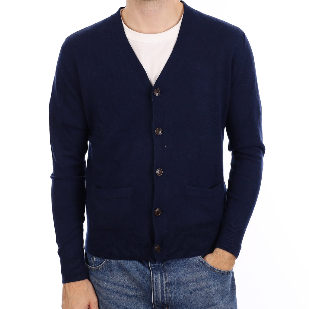 Men's Navy Blue Cashmere V Neck Cardigan With Pockets Medium