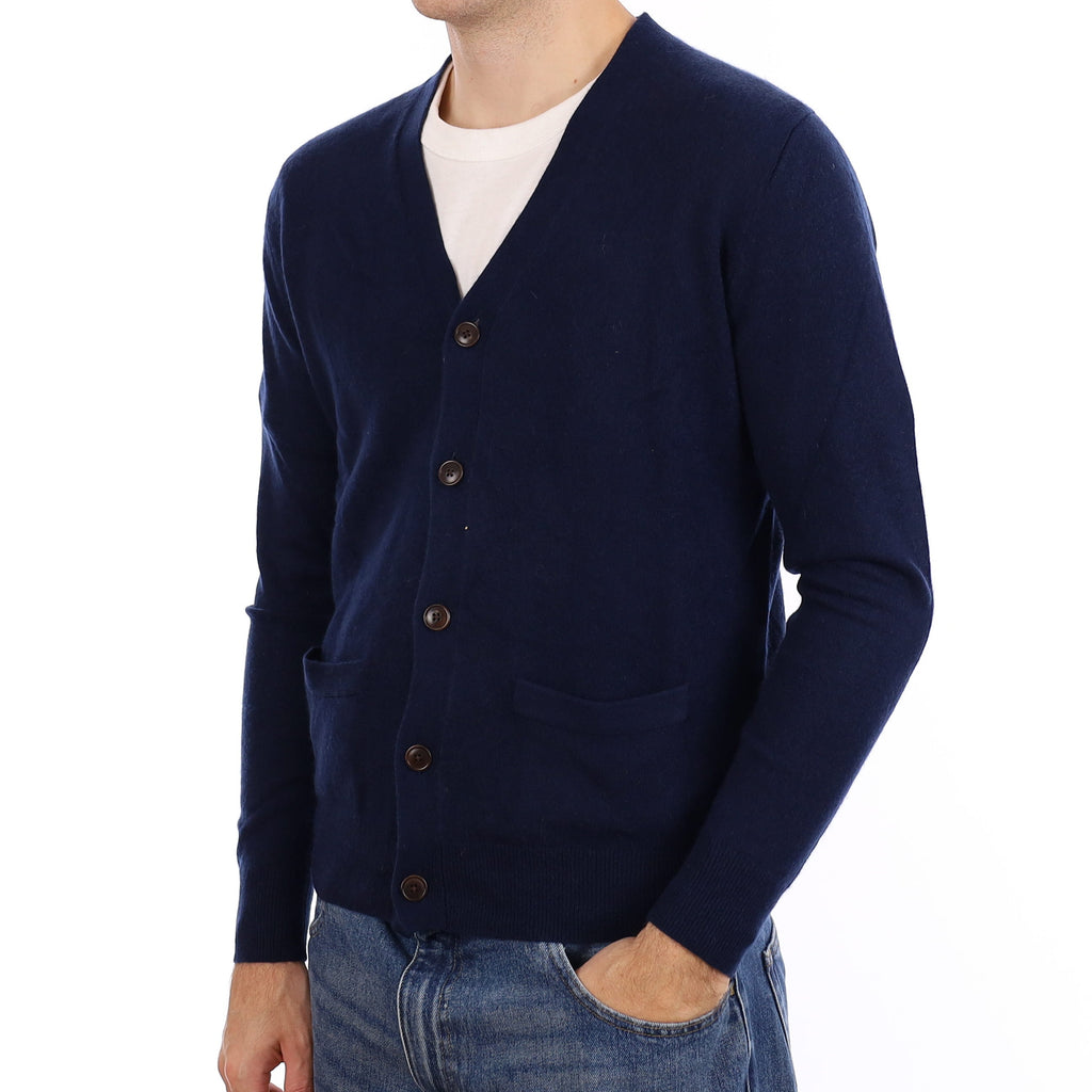 Men's Navy Blue Cashmere V Neck Cardigan With Pockets Medium