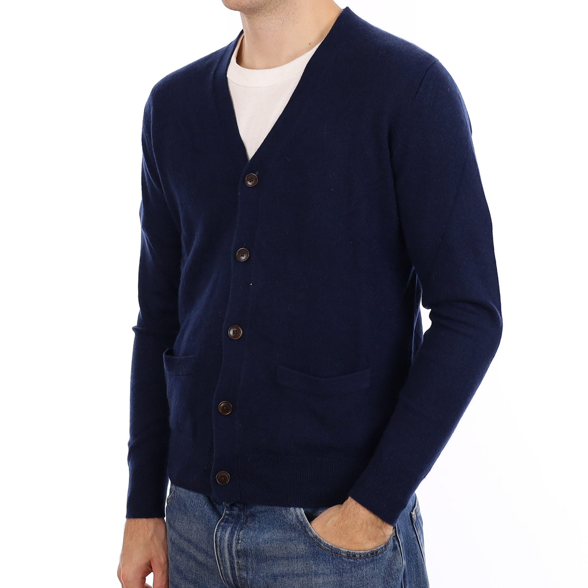 Men's Navy Blue Cashmere V Neck Cardigan With Pockets Medium