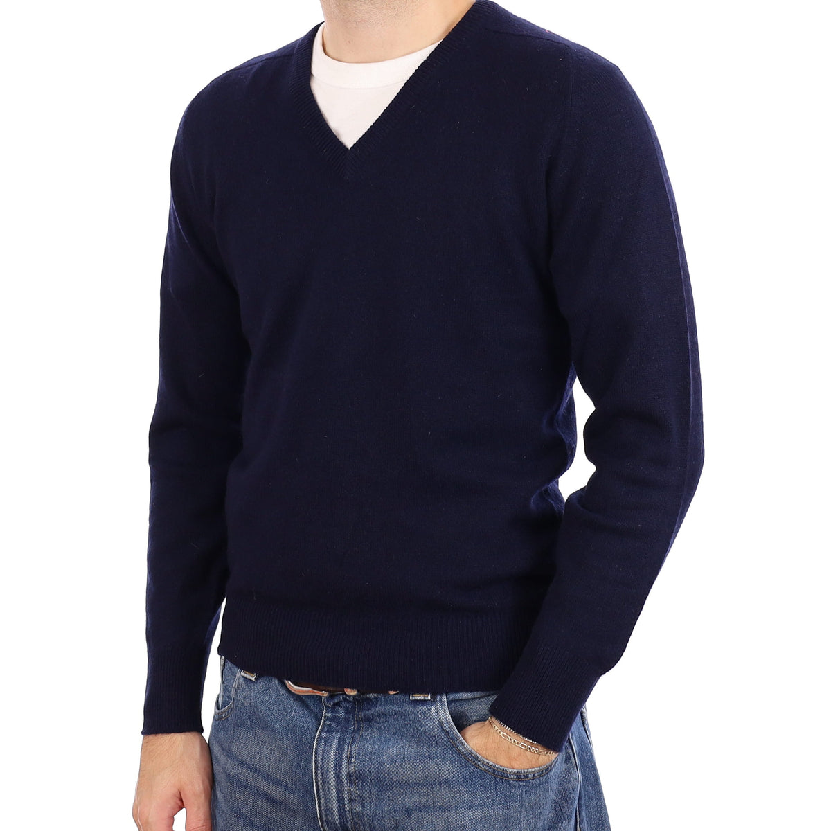 Men's Vintage Scottish Navy Cashmere V Neck Jumper Medium