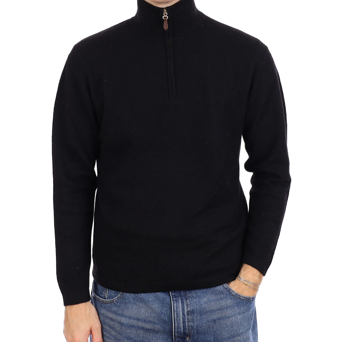 Men's Black Cashmere 1/4 Zip Jumper Medium