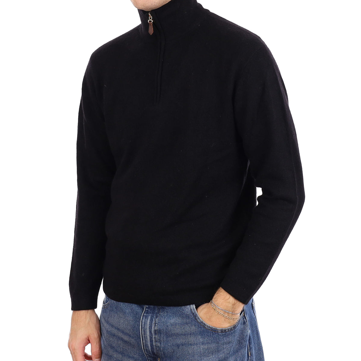 Men's Black Cashmere 1/4 Zip Jumper Medium