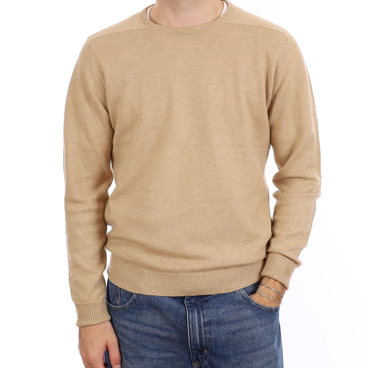 Men's Scottish Sand Heavy Knit Cashmere Crew Neck Jumper Medium