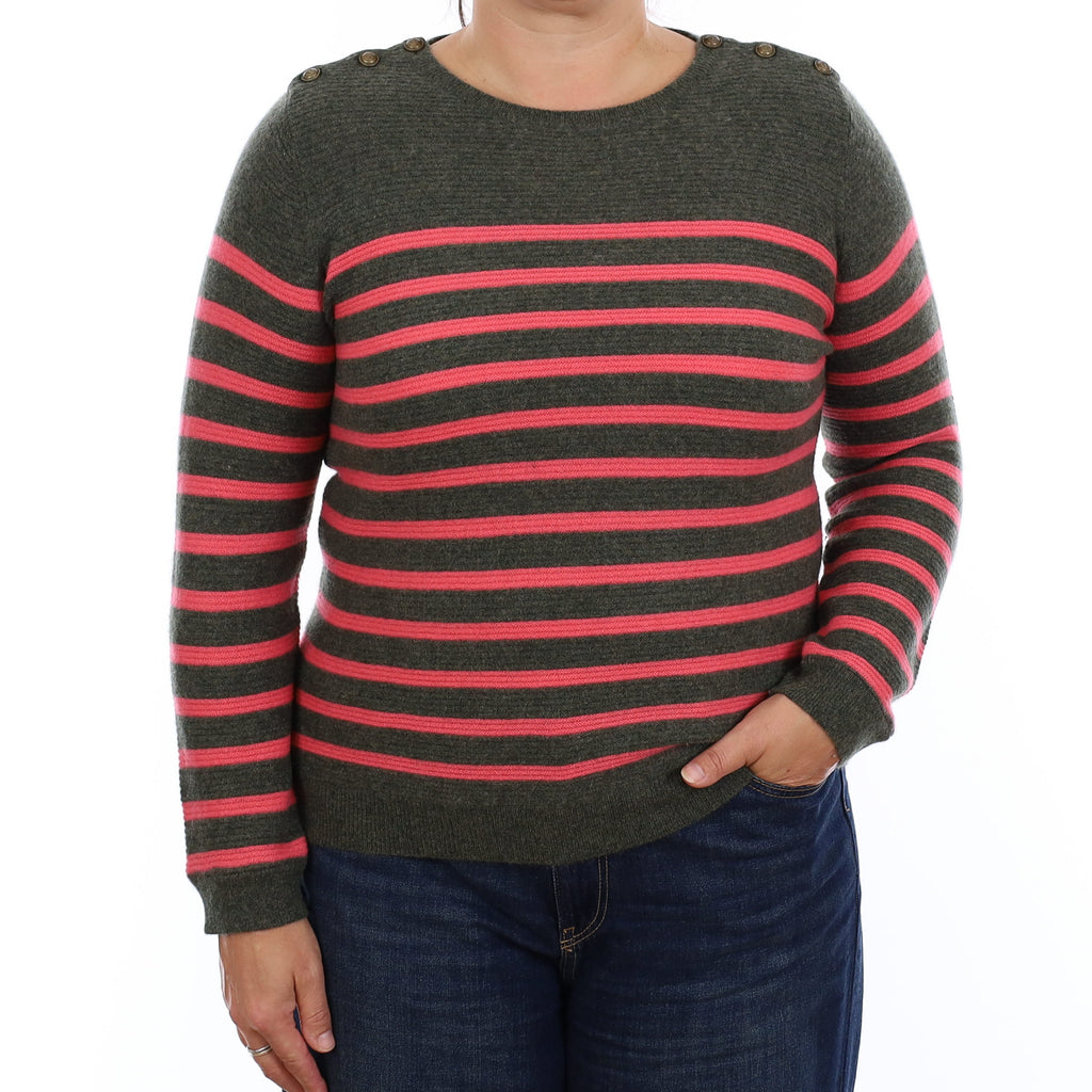 Wyse London Khaki and Coral Stripe Cashmere Crew Neck Jumper Large