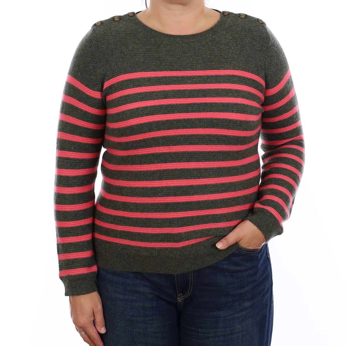 Wyse London Khaki and Coral Stripe Cashmere Crew Neck Jumper Large