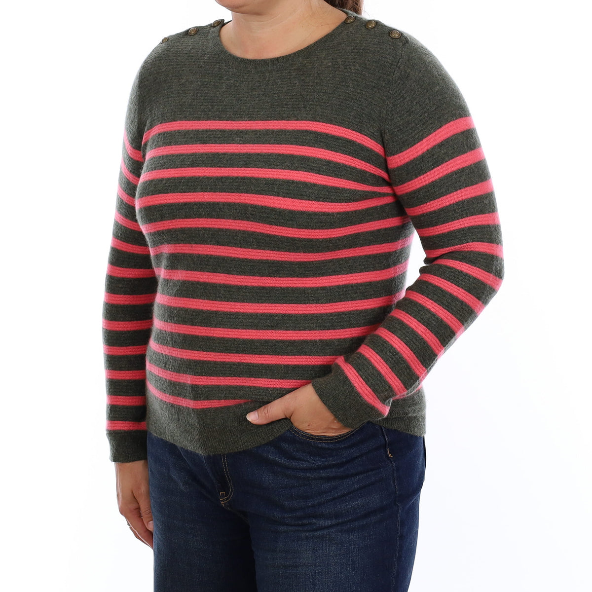 Wyse London Khaki and Coral Stripe Cashmere Crew Neck Jumper Large