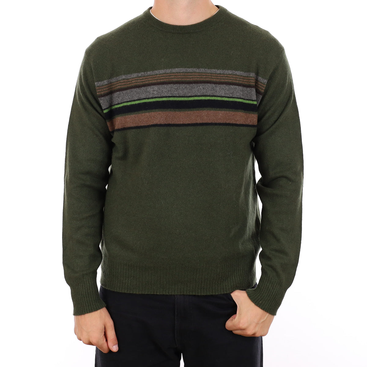 Men's Khaki Stripe Cashmere Crew Neck Jumper XL
