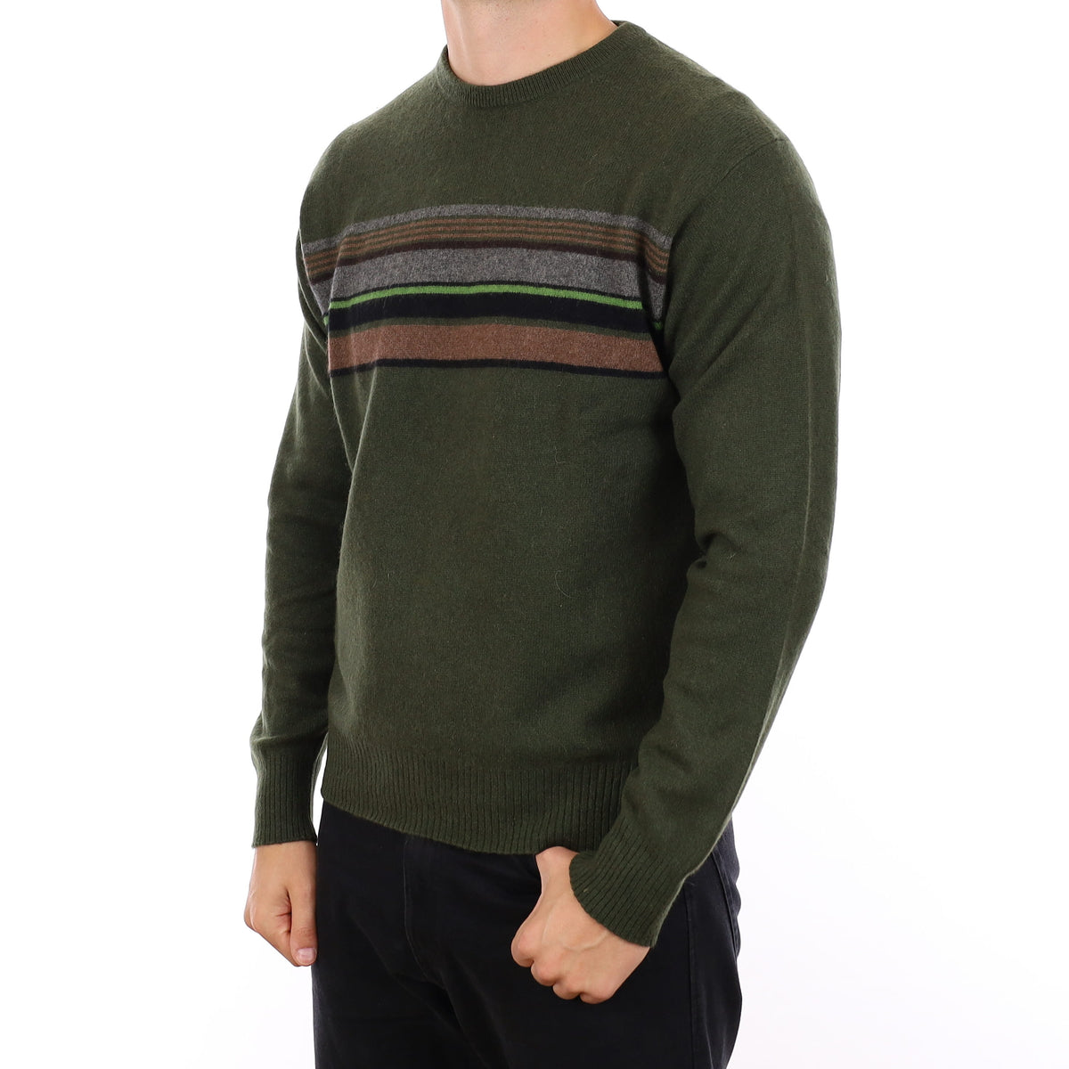 Men's Khaki Stripe Cashmere Crew Neck Jumper XL