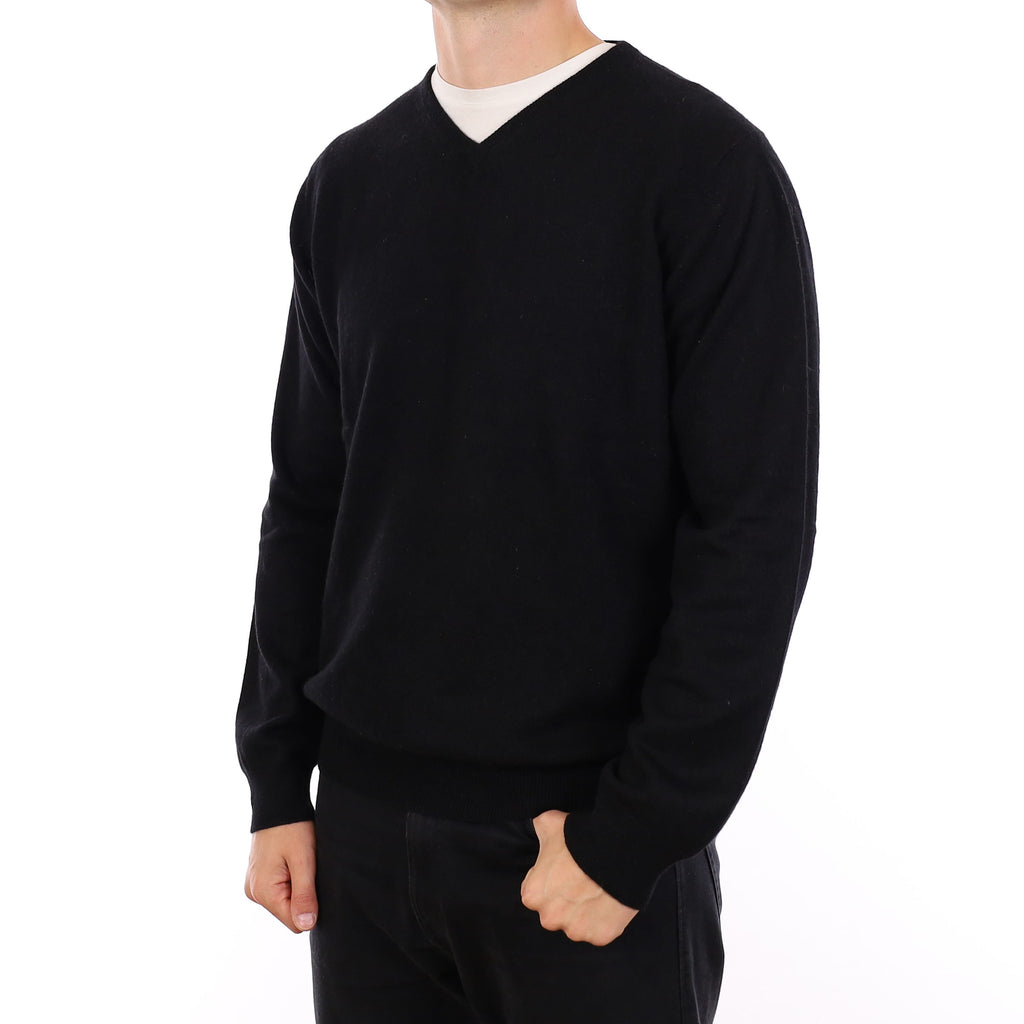 Men's Black Cashmere V Neck Jumper XL