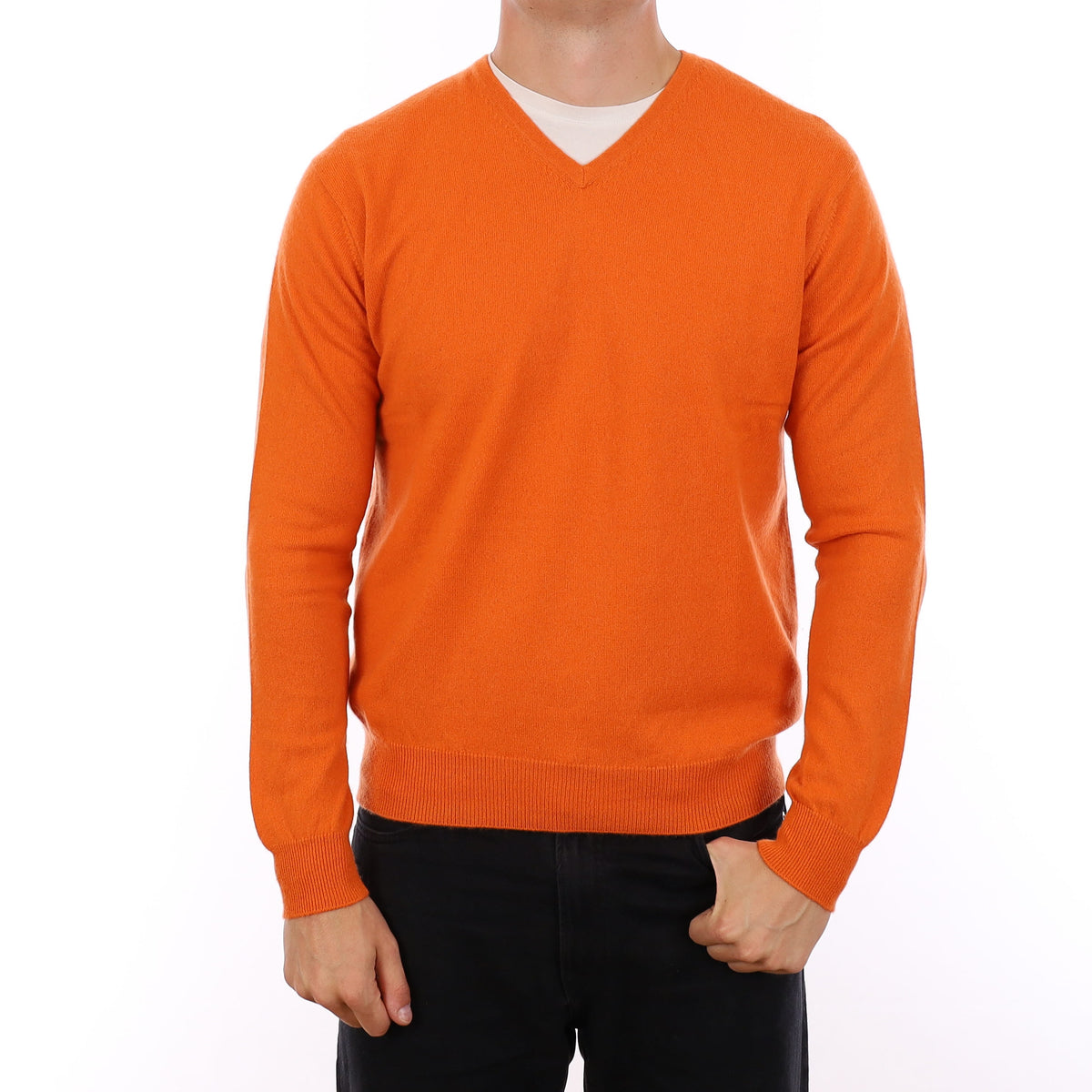 Men's Yorn Clementine Orange Cashmere V Neck Jumper XL