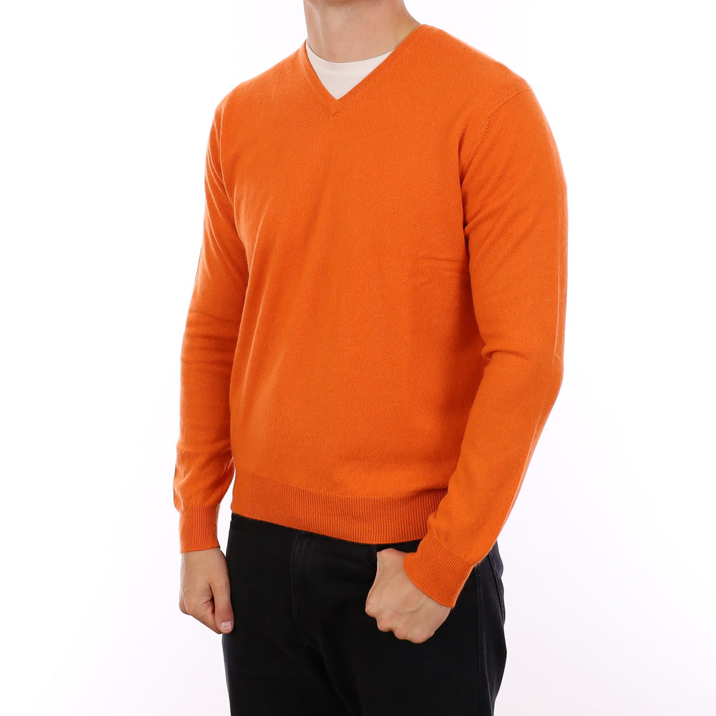 Men's Yorn Clementine Orange Cashmere V Neck Jumper XL
