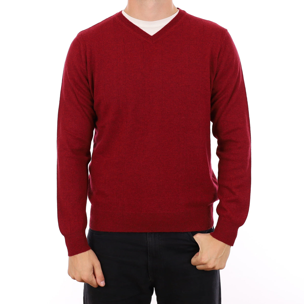 Men's Burgundy Red Marl Cashmere V Neck Jumper XL
